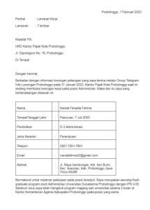 Contoh Surat Lamaran Kerja Administrasi (Download DOC)