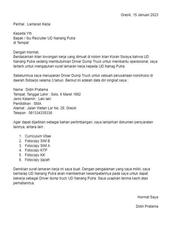 Contoh Surat Lamaran Kerja Driver (Download DOC)