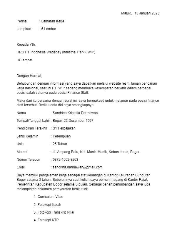 Contoh Surat Lamaran Kerja PT IWIP (Download DOC)