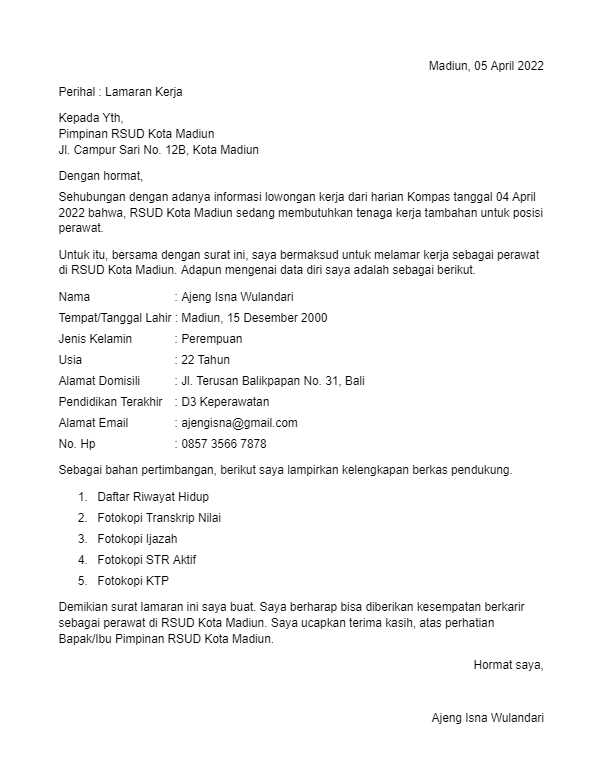 Contoh Surat Lamaran Kerja Perawat Download Doc Template 